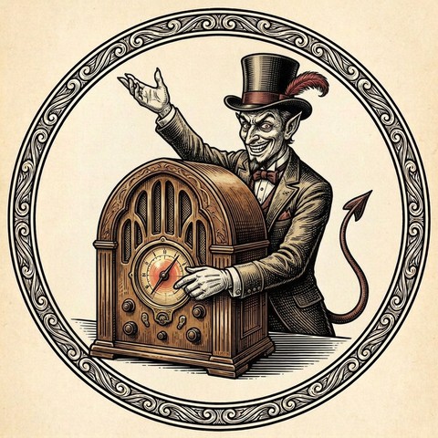 Beelzebubba the Third &mdash; an engraved woodcut devil in a plumed top hat and tuxedo, hand on the tuning dial of a 1930s cathedral radio, inside a circular scrollwork emblem