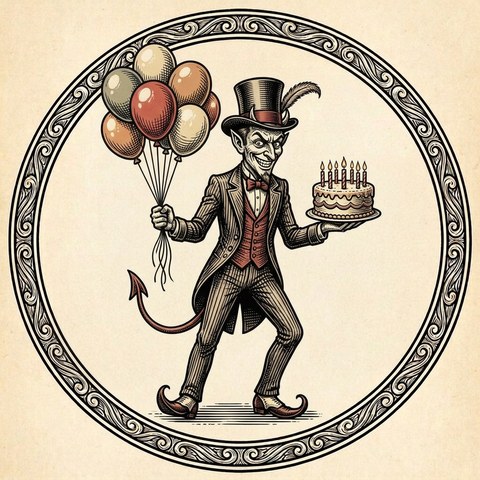Beelzebubba the Third — a woodcut devil in a feathered showman's hat, holding birthday balloons in one hand and a lit birthday cake in the other, inside a circular engraved emblem