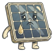 Small illustrated solar panel character with a sad face, tiny arms and legs, and one tear on its cheek.