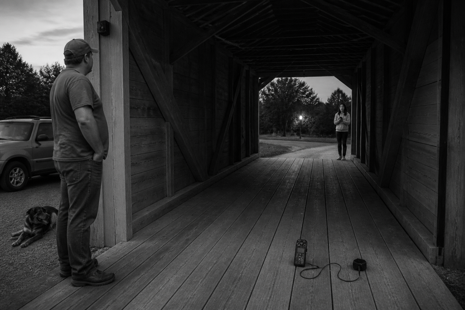 Black-and-white recreation of an investigation scene