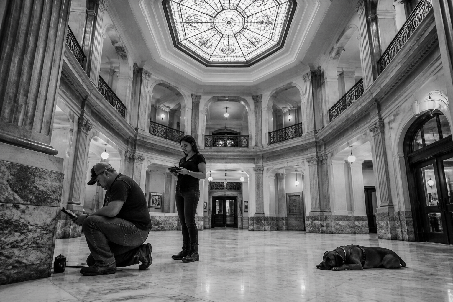 Black-and-white recreation of an investigation scene