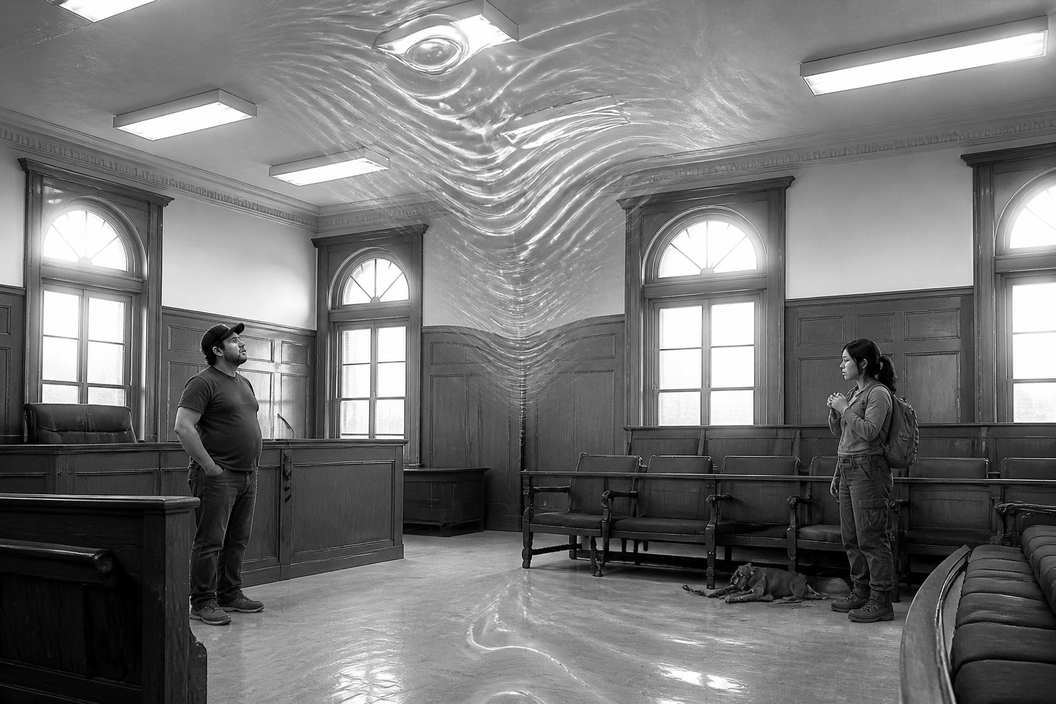 Black-and-white recreation of an investigation scene