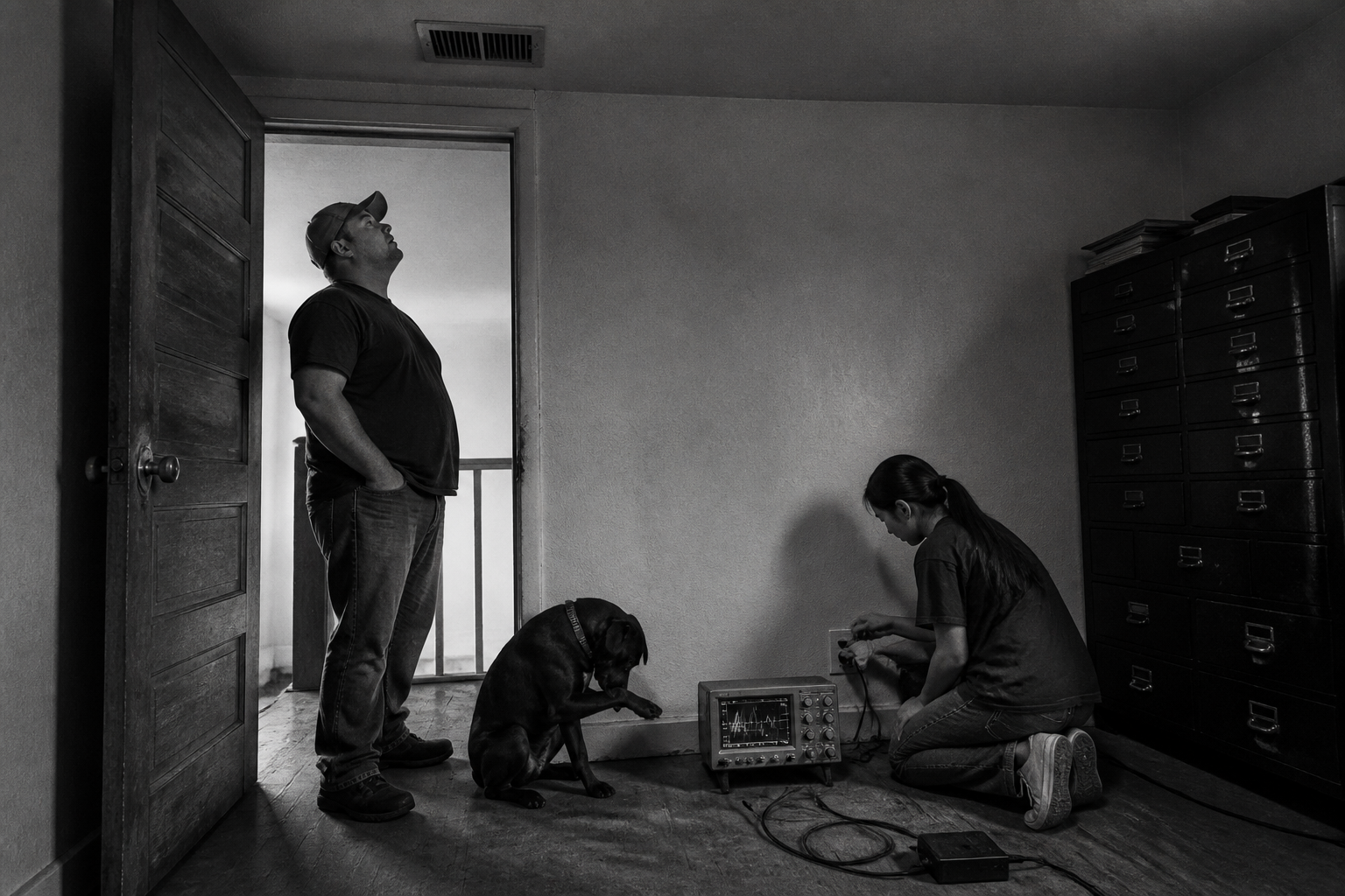 Black-and-white recreation of an investigation scene