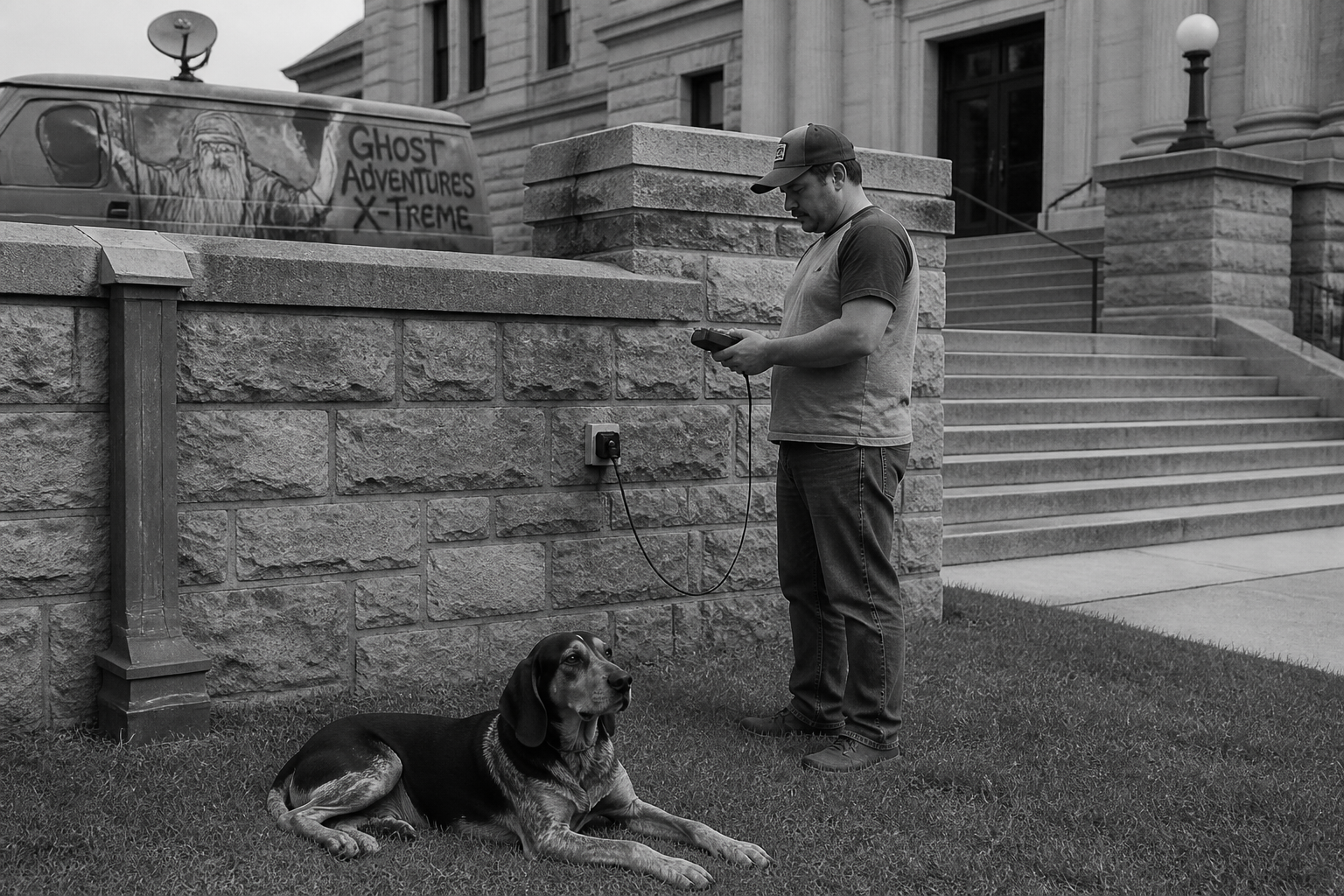 Black-and-white recreation of an investigation scene