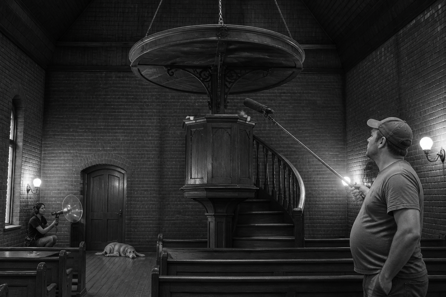 Black-and-white recreation of an investigation scene