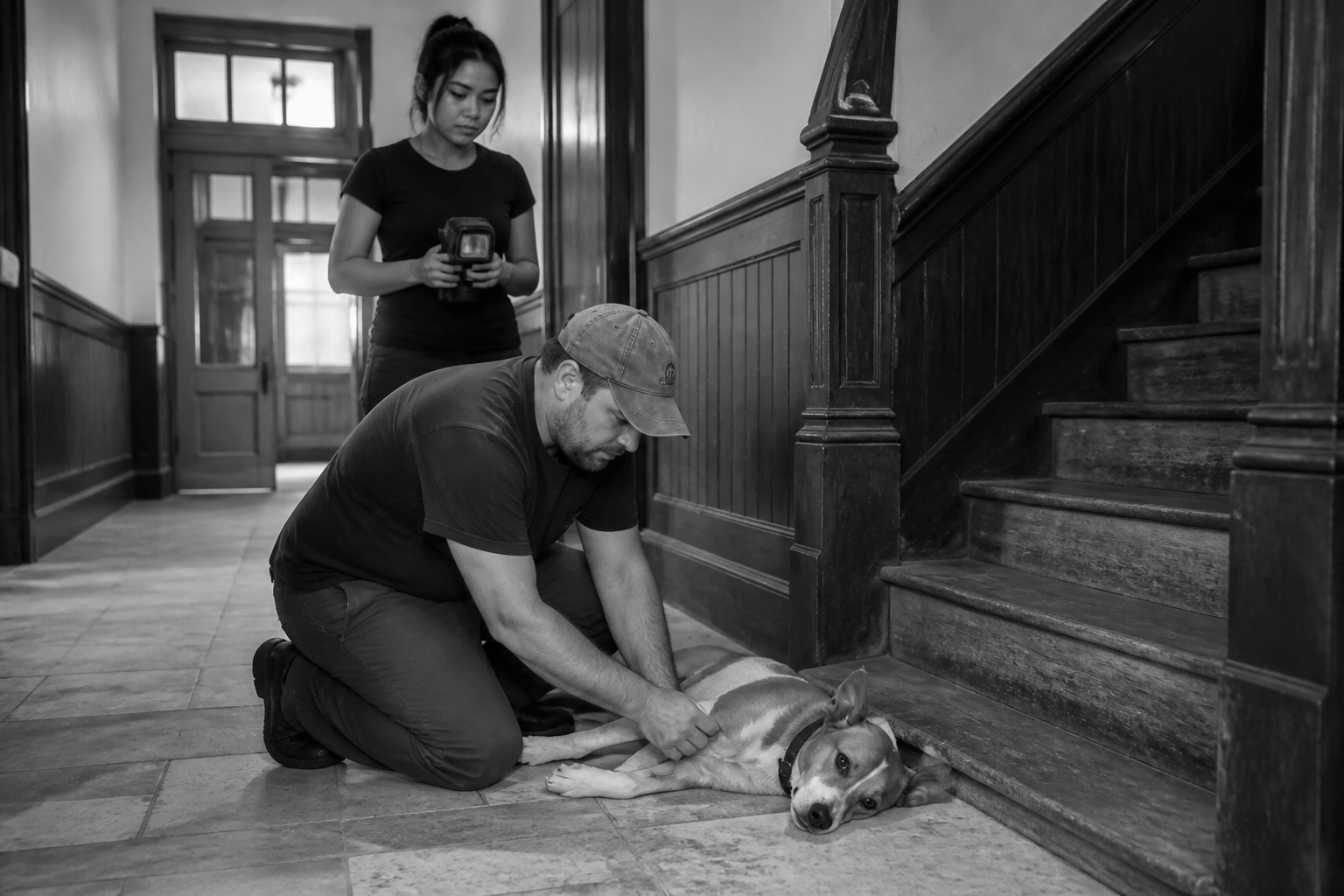 Black-and-white recreation of an investigation scene