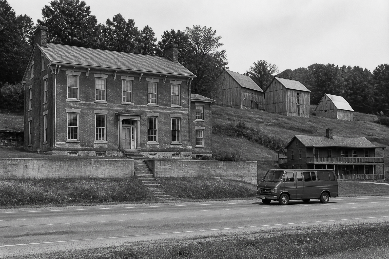 Black-and-white recreation of the historic location