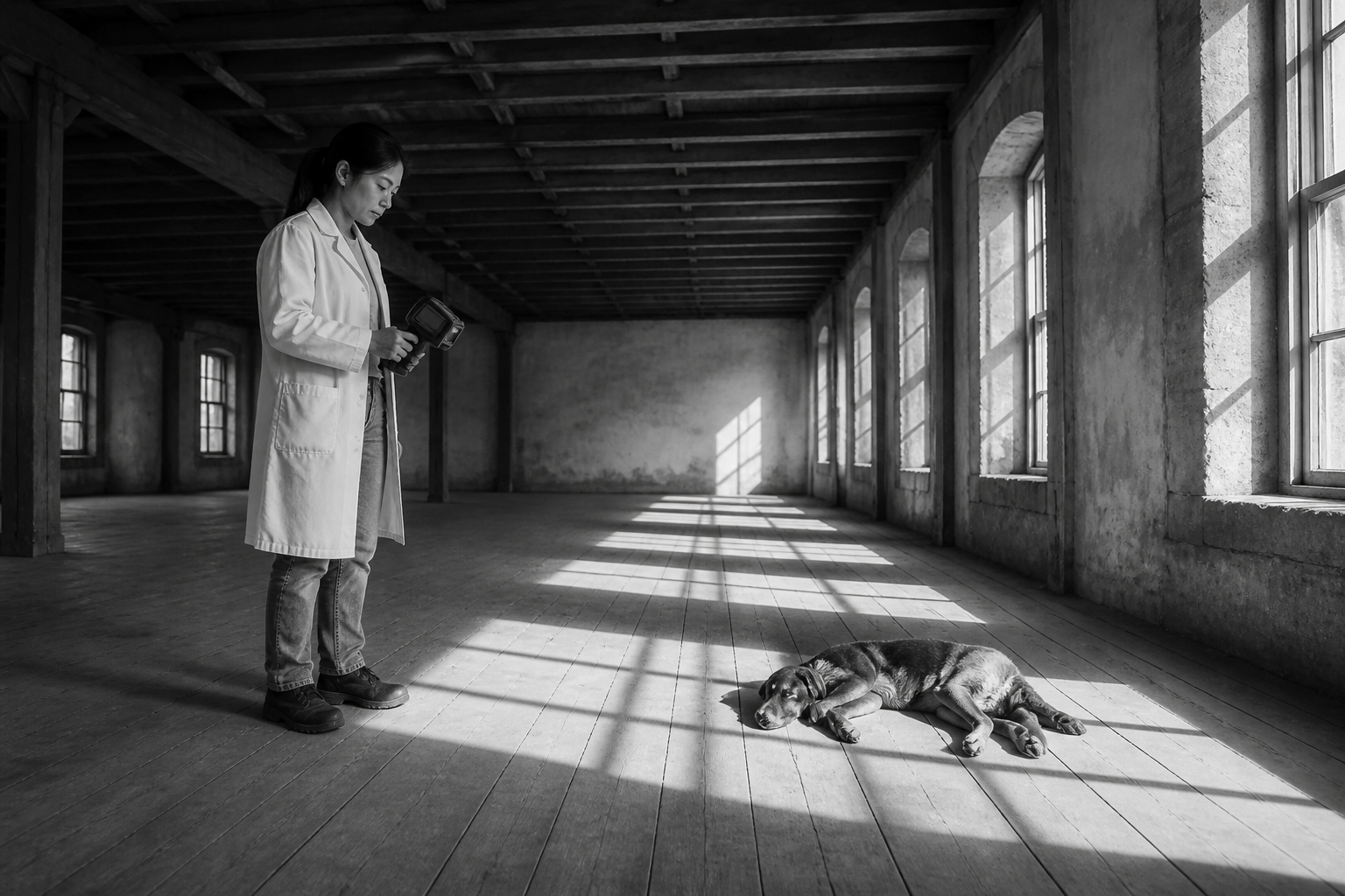 Black-and-white recreation of an investigation scene