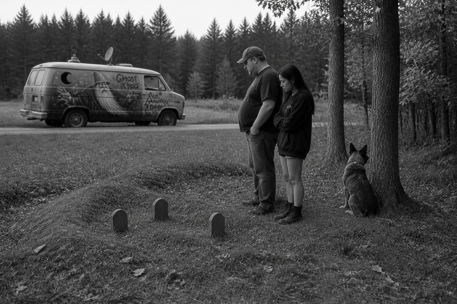 Black-and-white recreation of an investigation scene