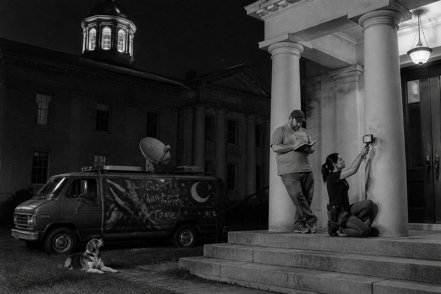 Black-and-white recreation of an investigation scene
