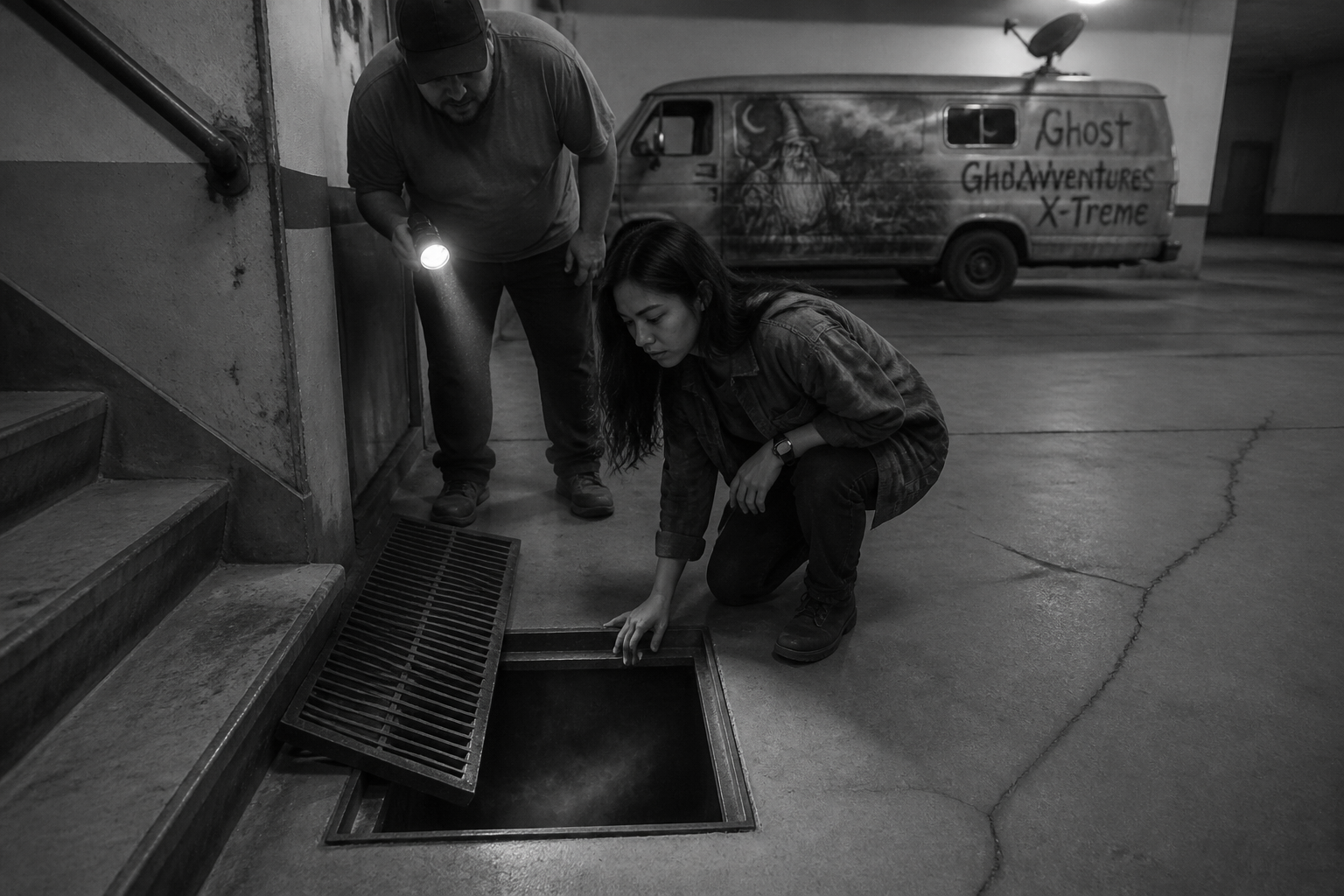 Black-and-white recreation of an investigation scene