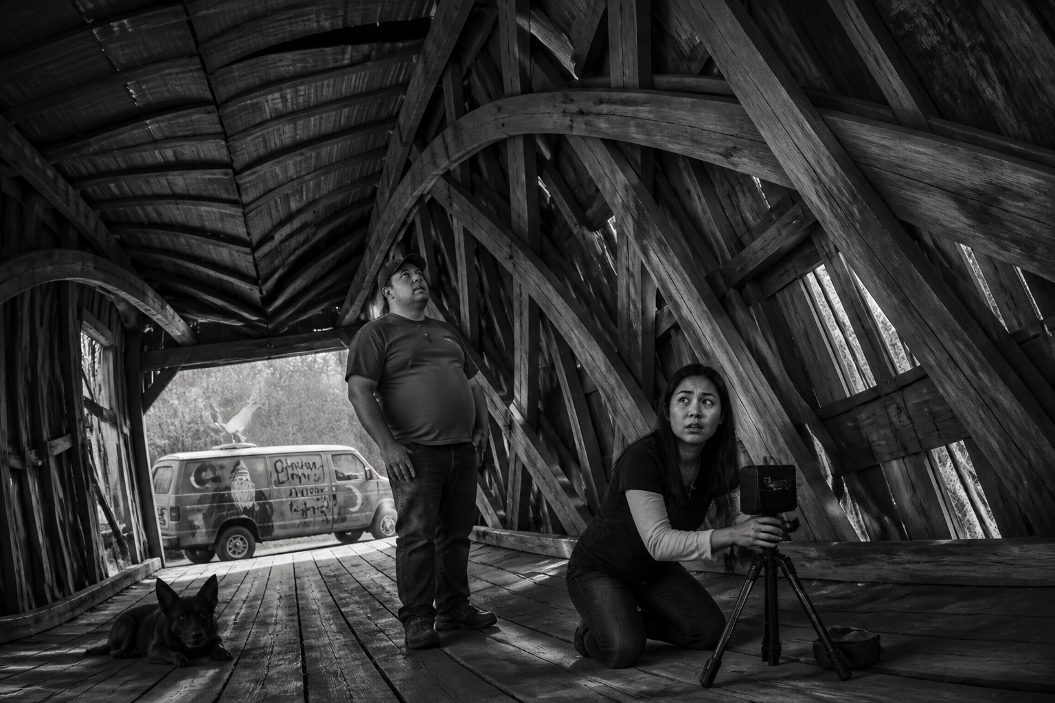 Black-and-white recreation of an investigation scene