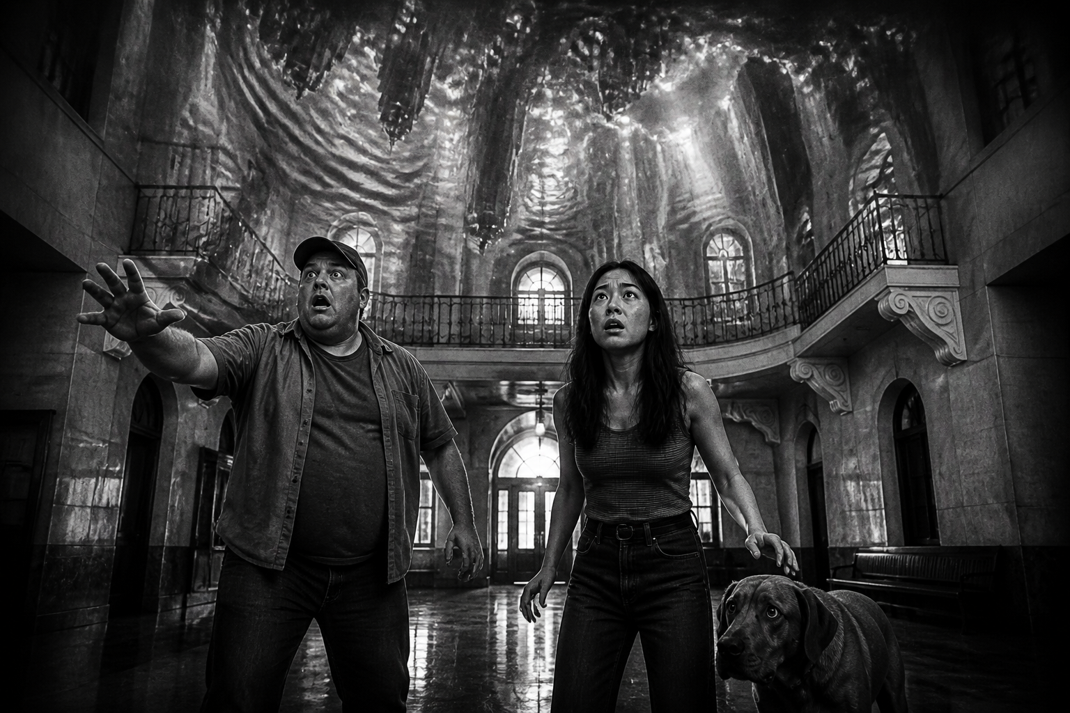 Black-and-white recreation of an investigation scene