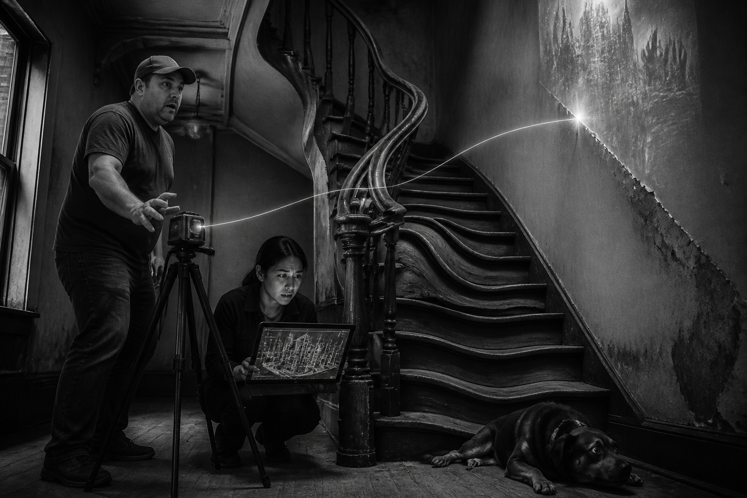 Black-and-white recreation of an investigation scene