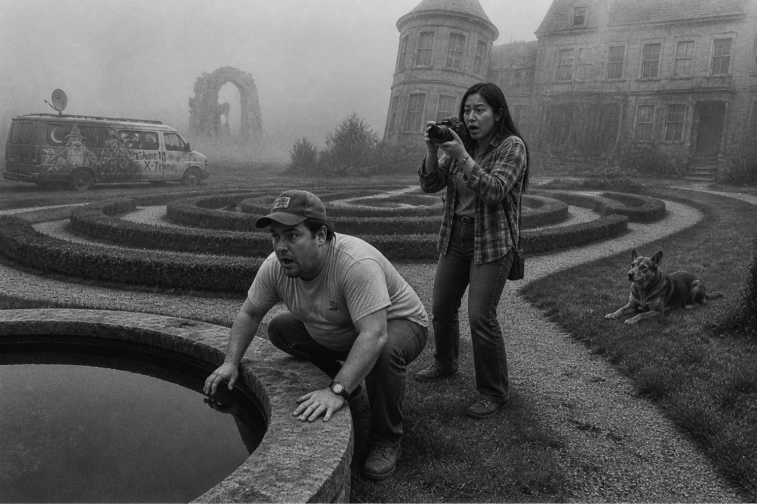 Black-and-white recreation of an investigation scene