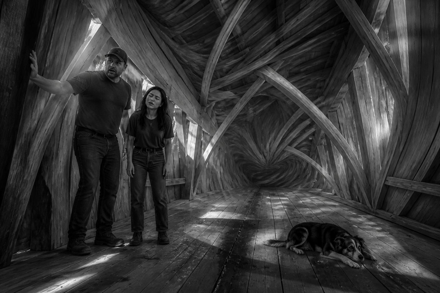 Black-and-white recreation of an investigation scene