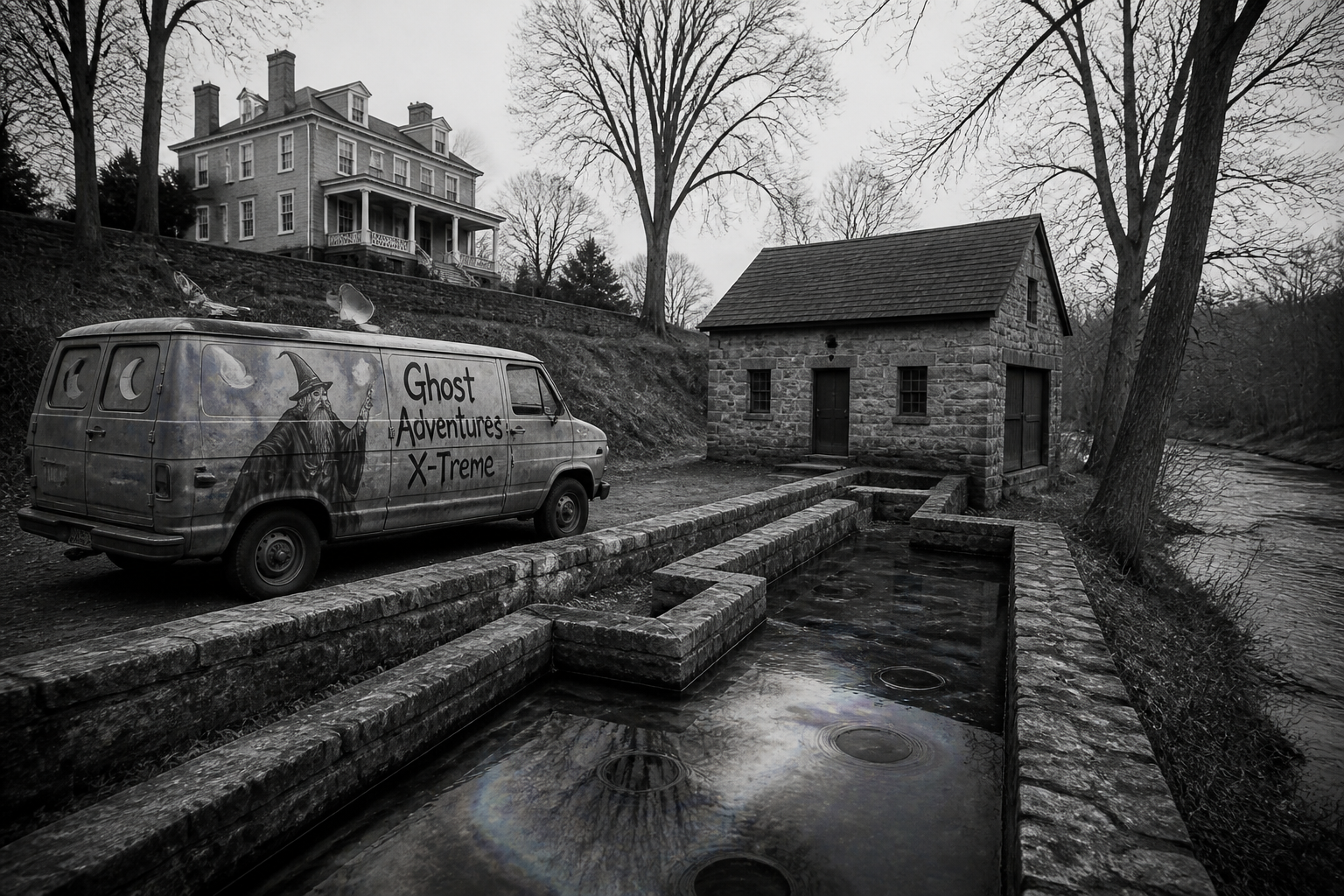 Black-and-white recreation of the historic location