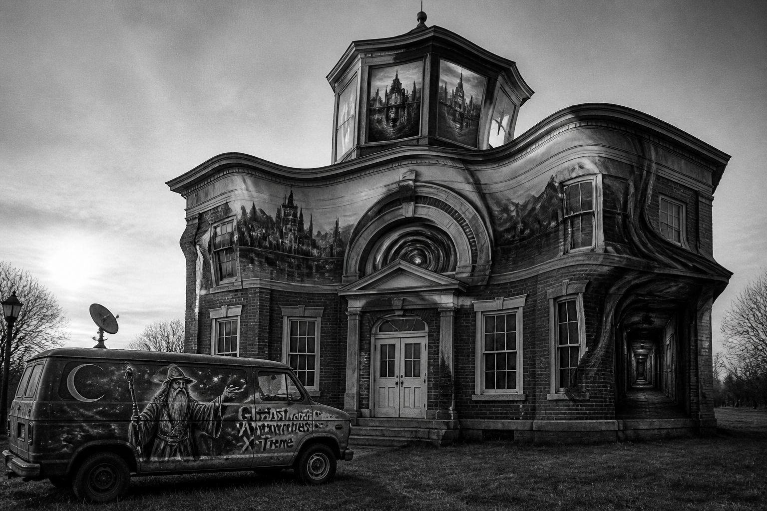 Black-and-white recreation of the historic location