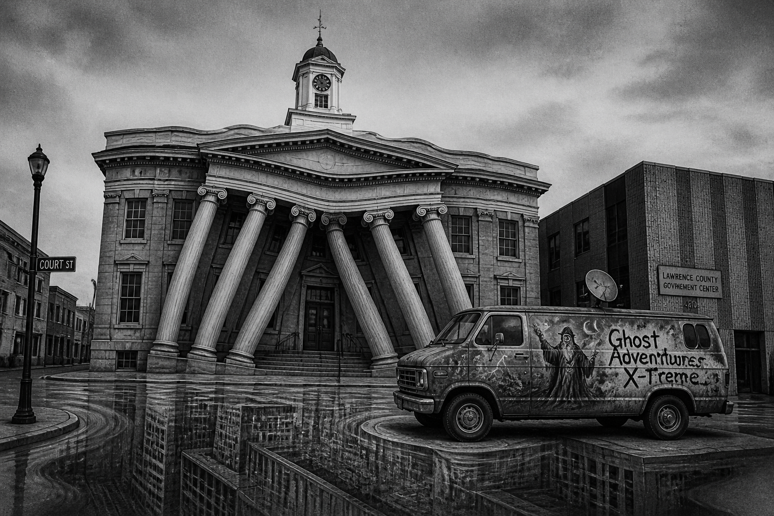 Black-and-white recreation of the historic location