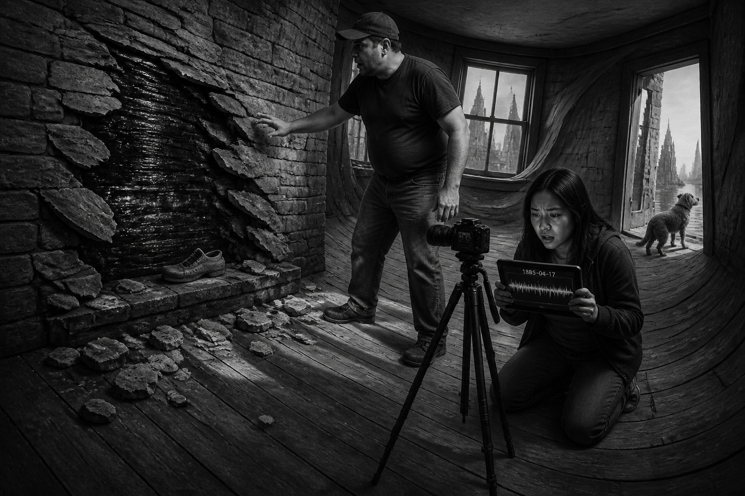 Black-and-white recreation of an investigation scene