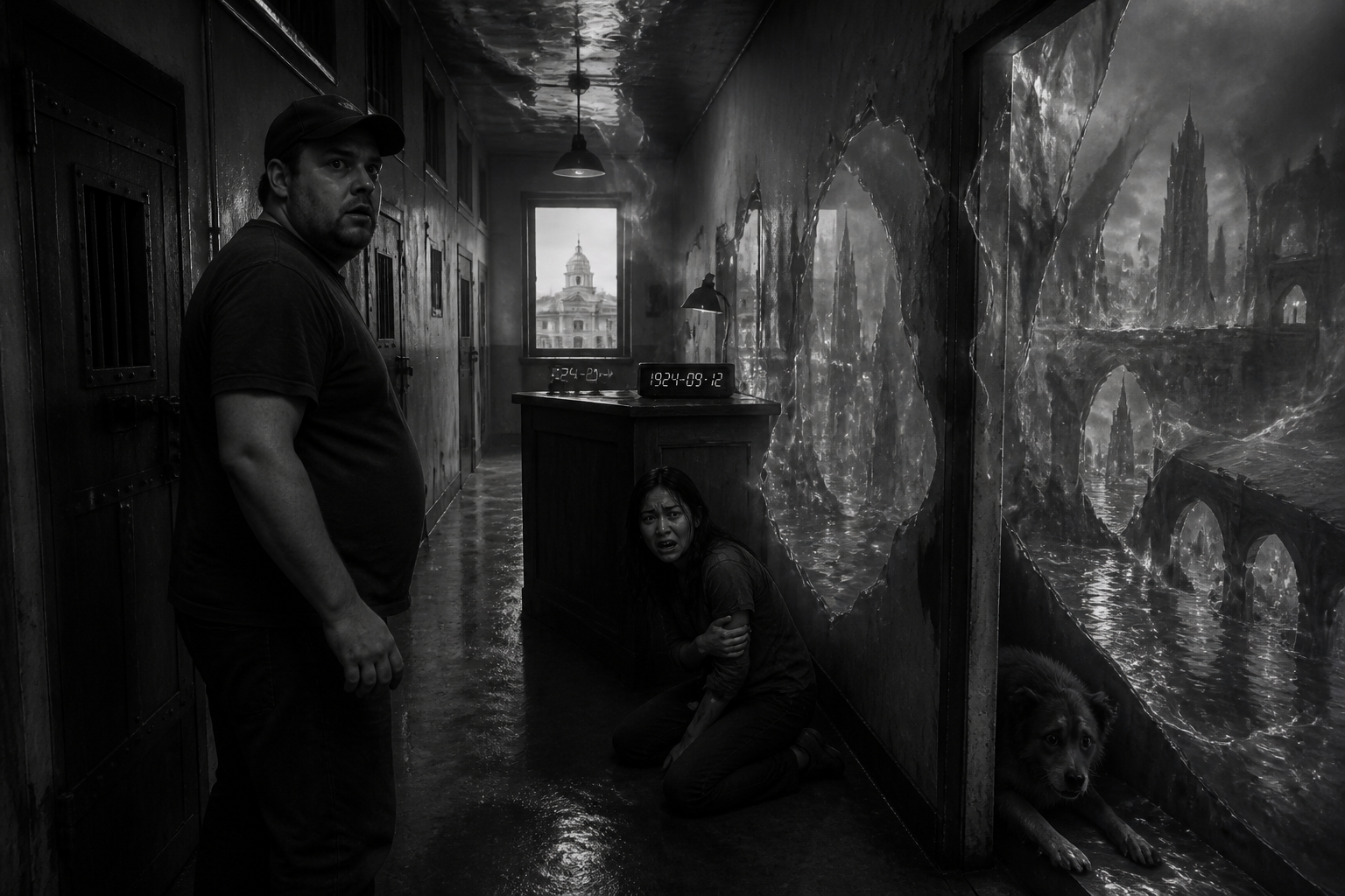 Black-and-white recreation of an investigation scene