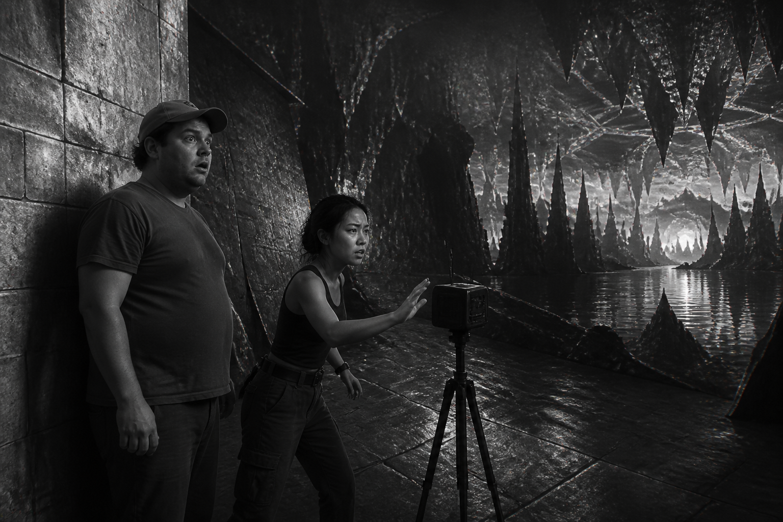 Black-and-white recreation of an investigation scene
