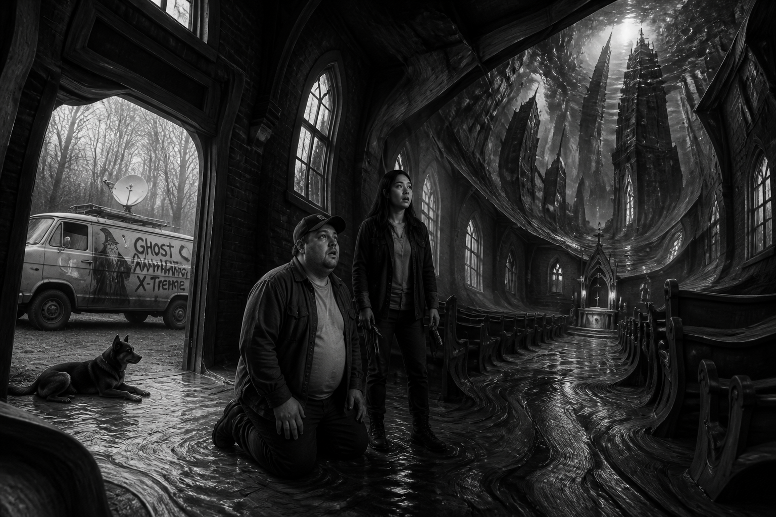 Black-and-white recreation of an investigation scene