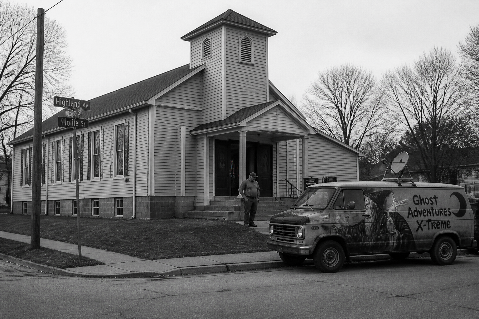 Black-and-white recreation of the historic location