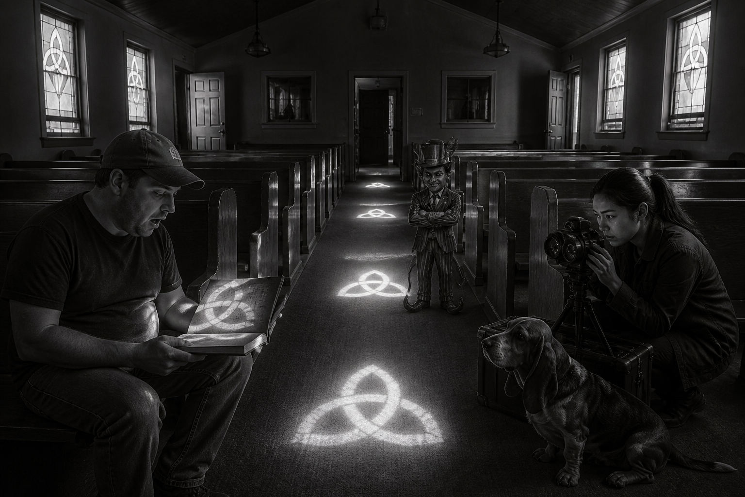 Black-and-white recreation of an investigation scene