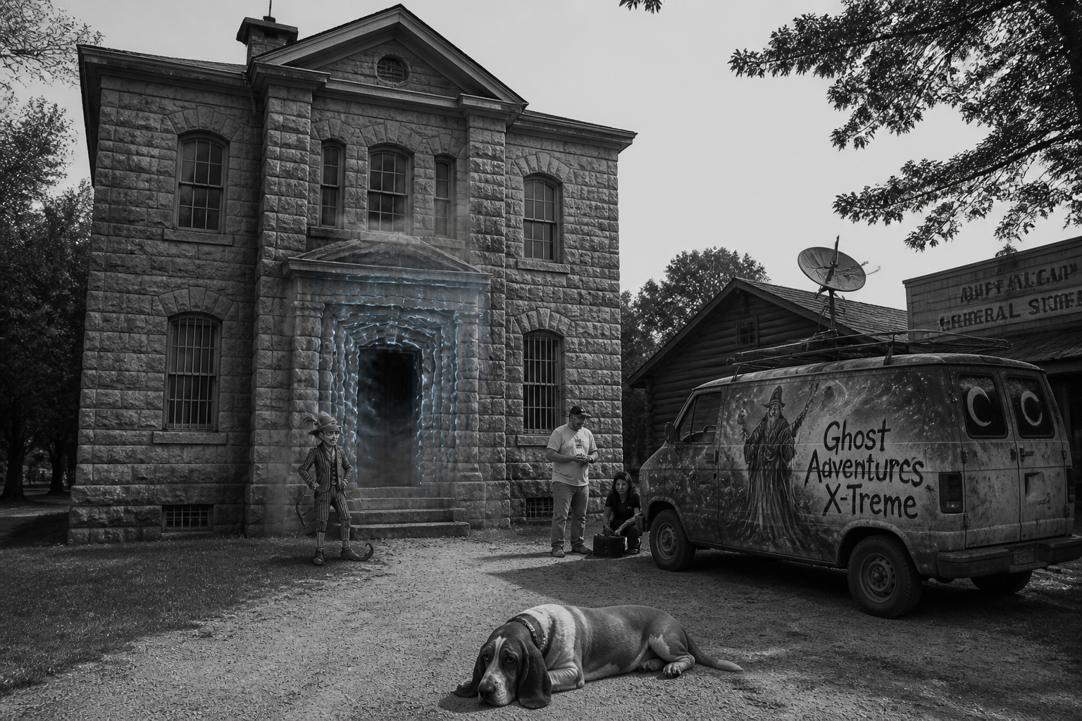 Black-and-white recreation of the historic location