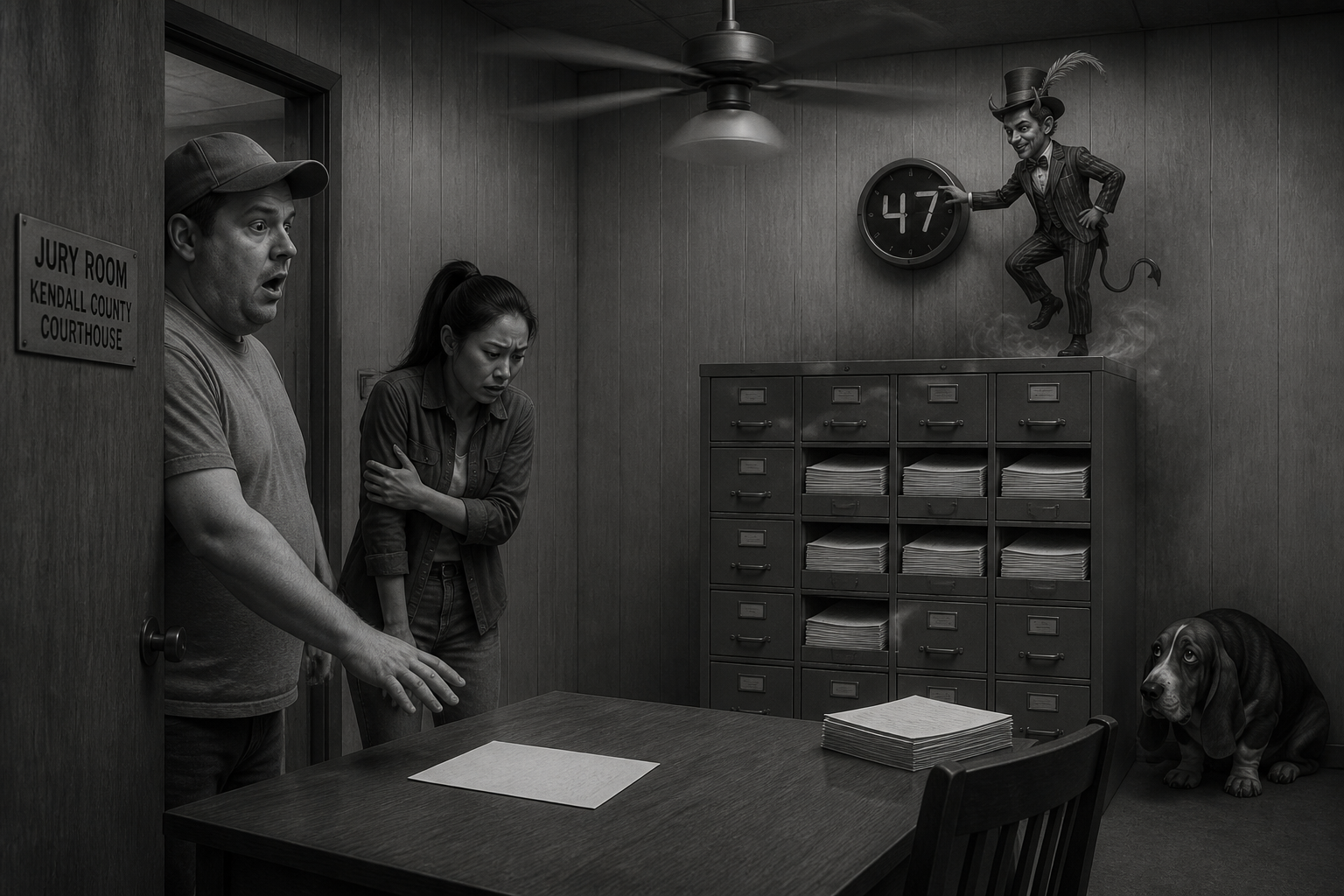 Black-and-white recreation of an investigation scene