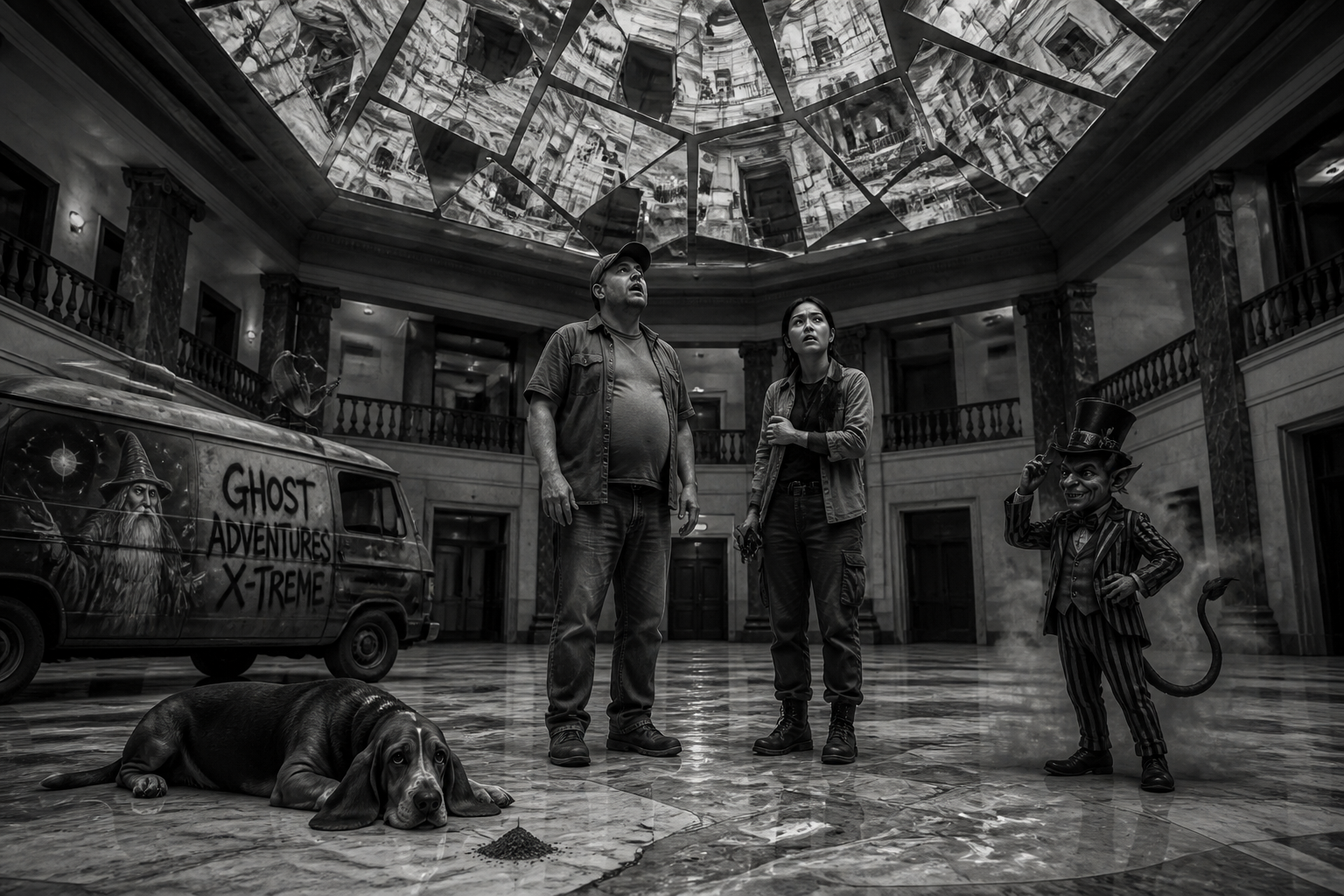 Black-and-white recreation of an investigation scene
