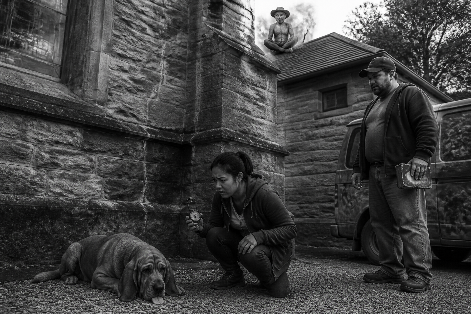 Black-and-white recreation of an investigation scene