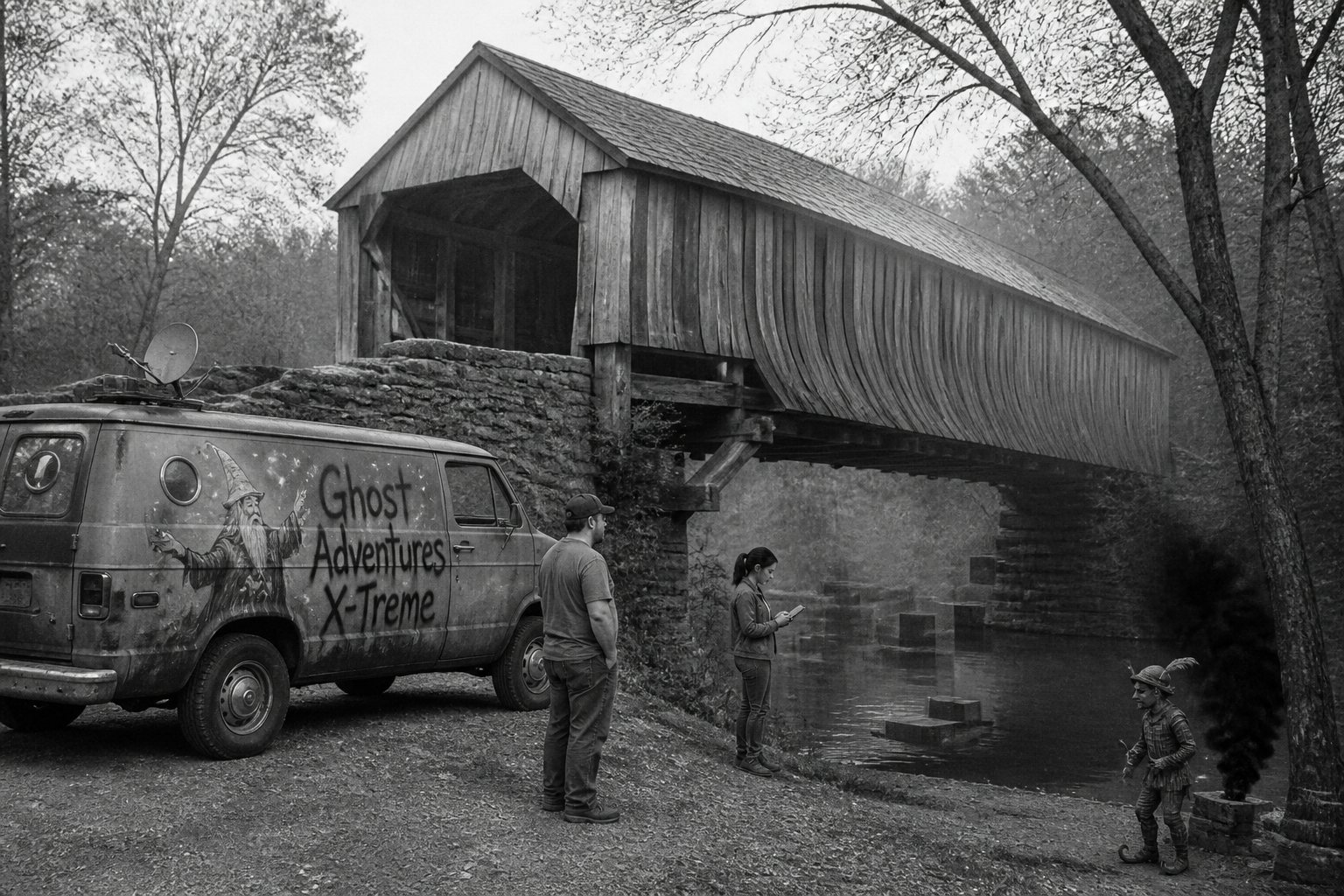Black-and-white recreation of the historic location