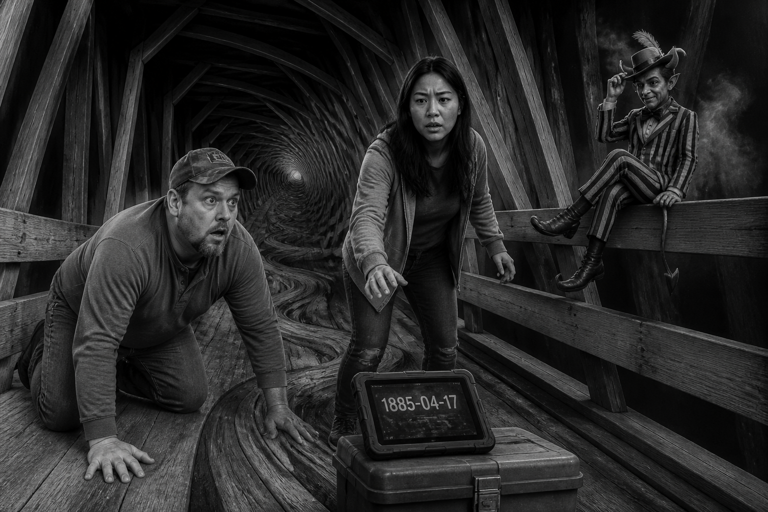 Black-and-white recreation of an investigation scene
