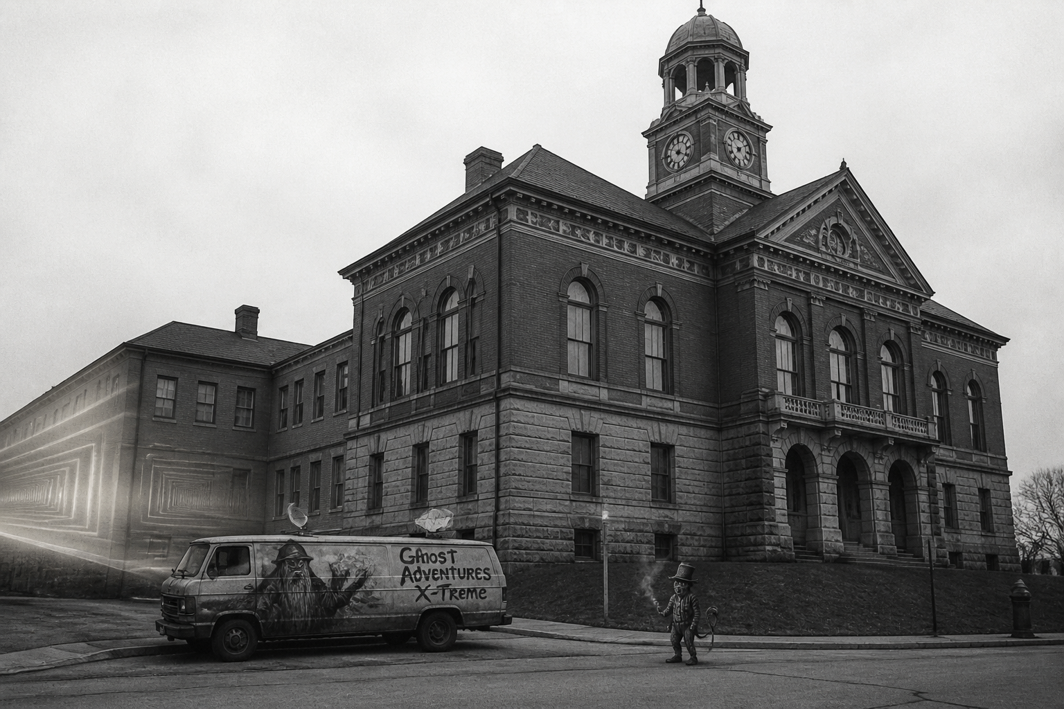 Black-and-white recreation of the historic location