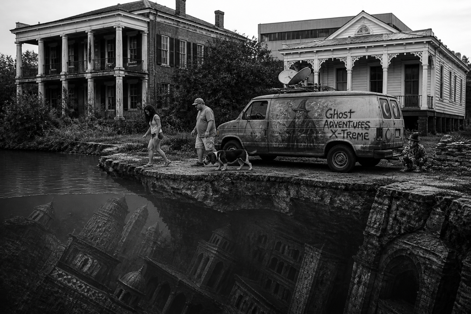 Black-and-white recreation of the historic location