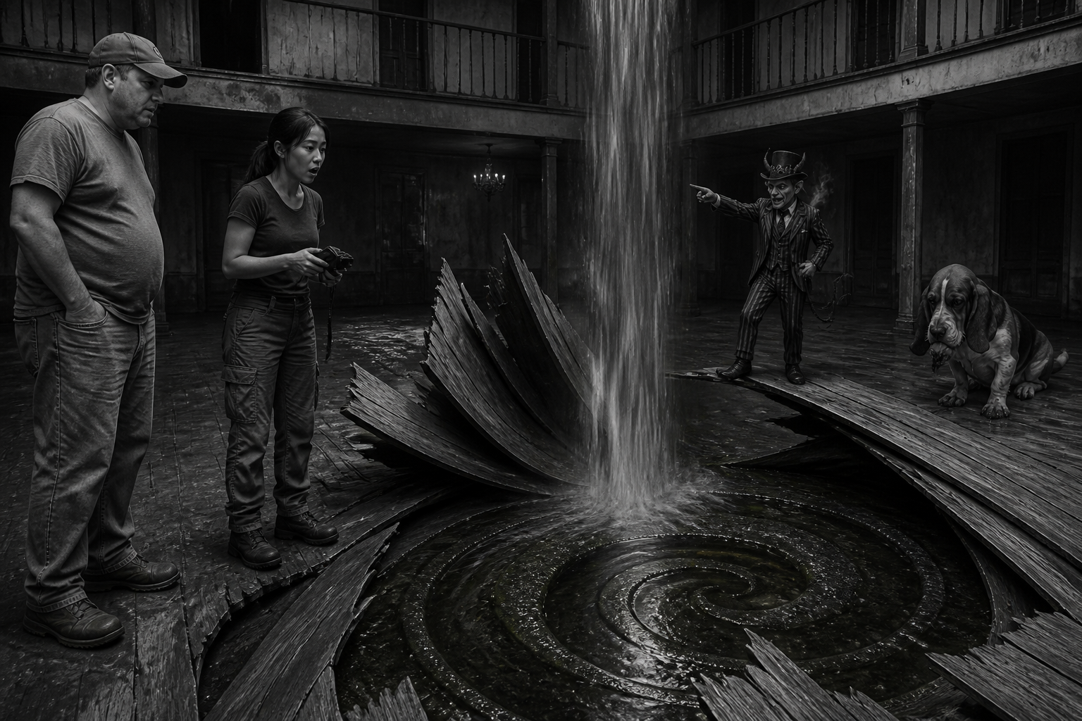 Black-and-white recreation of an investigation scene