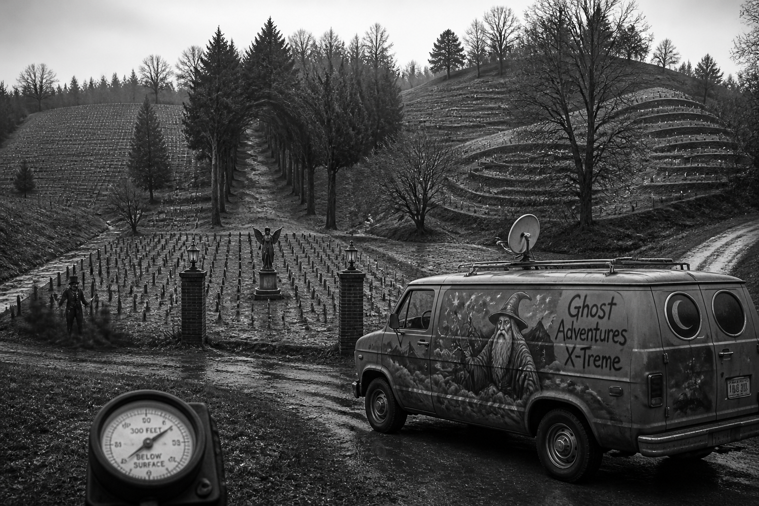 Black-and-white recreation of the historic location