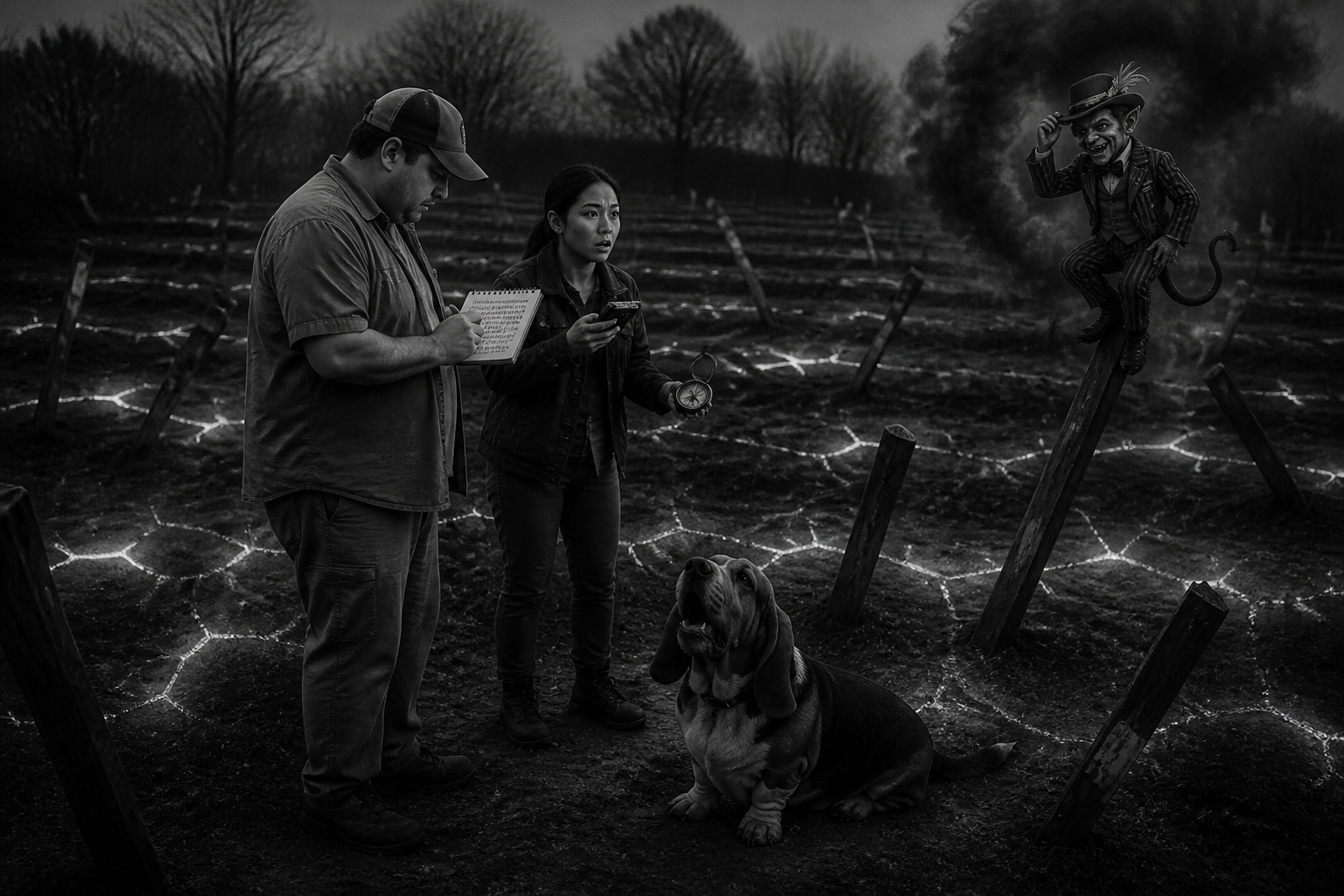 Black-and-white recreation of an investigation scene