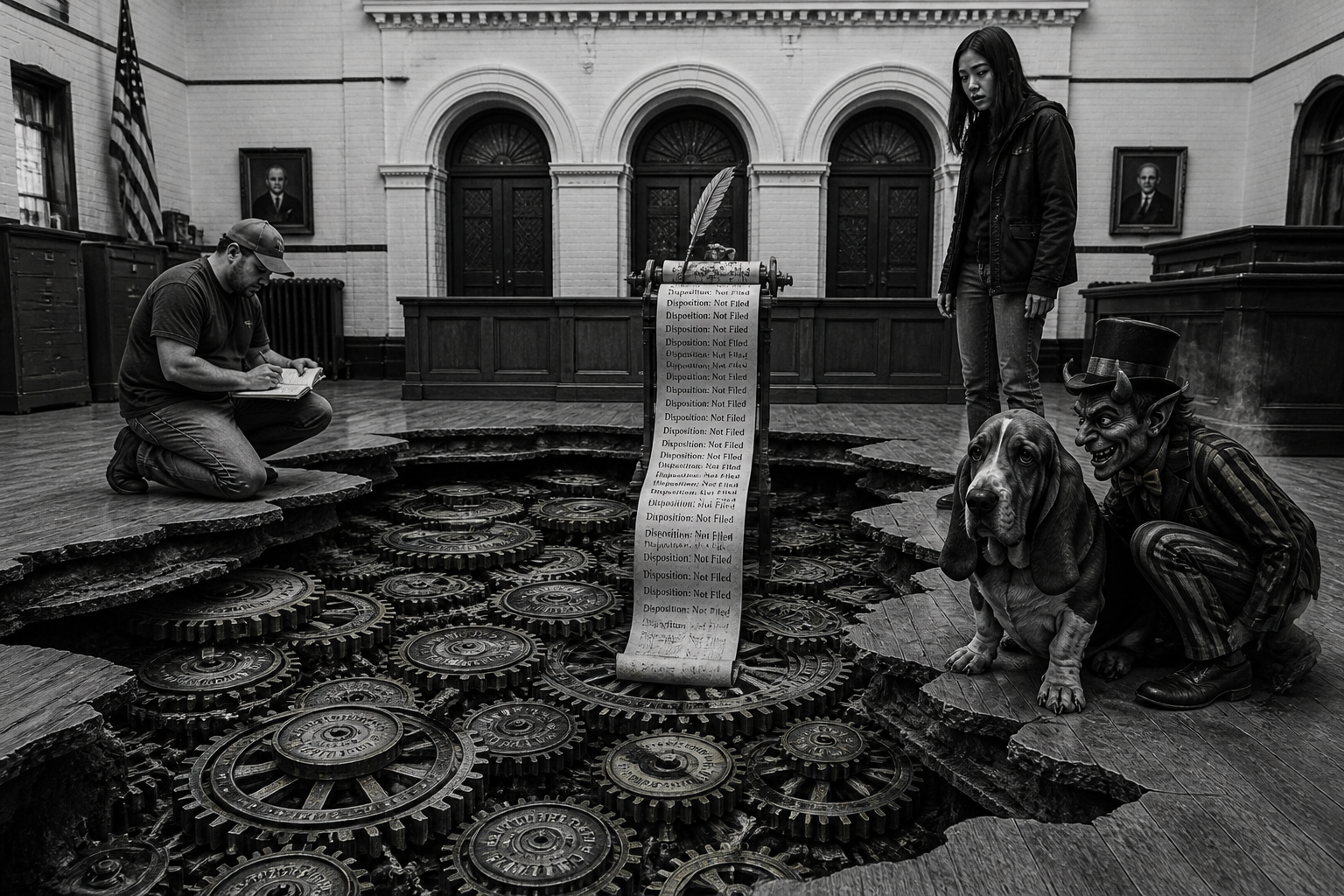 Black-and-white recreation of an investigation scene