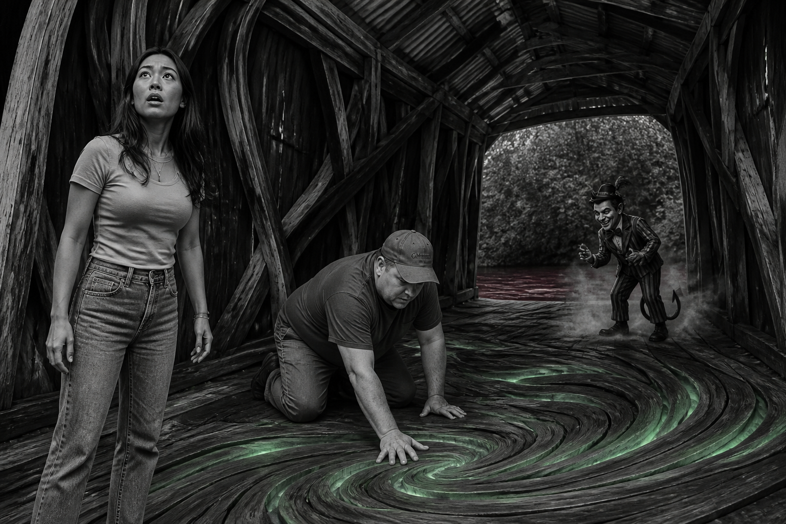 Black-and-white recreation of an investigation scene