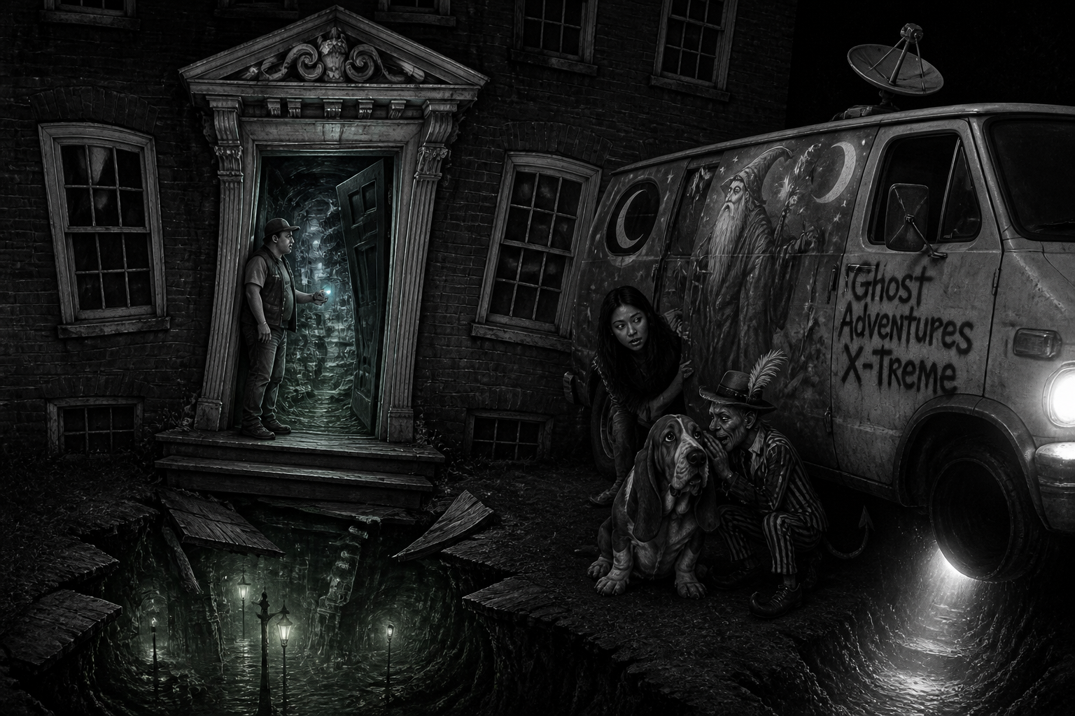 Black-and-white recreation of an investigation scene