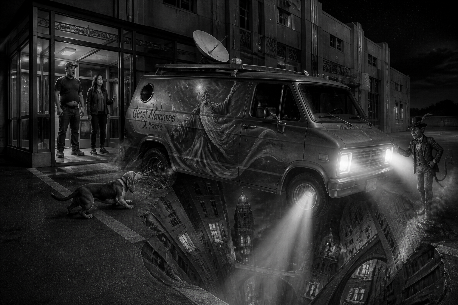Black-and-white recreation of an investigation scene