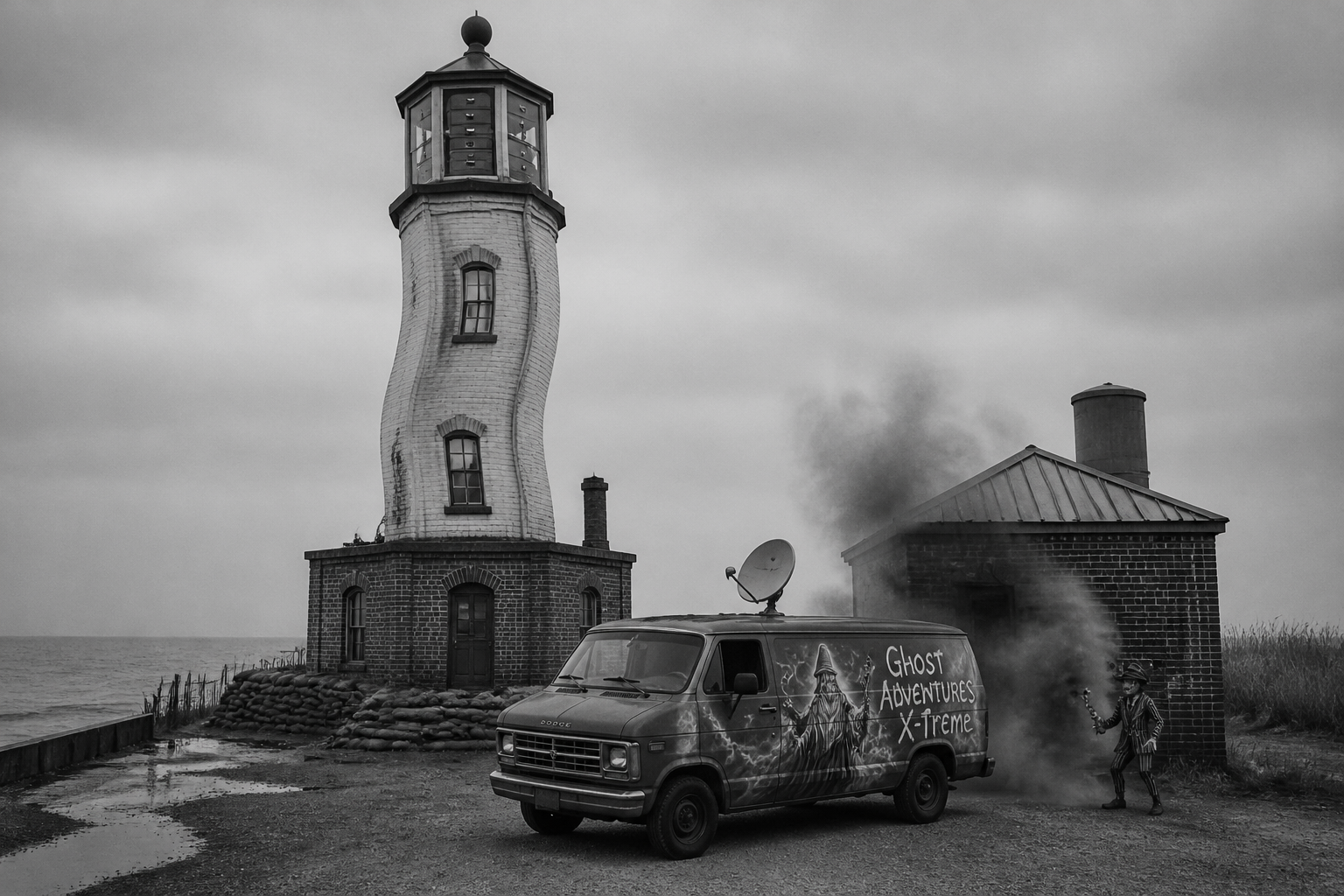 Black-and-white recreation of the historic location