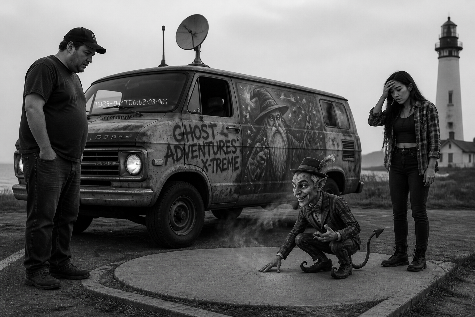 Black-and-white recreation of an investigation scene