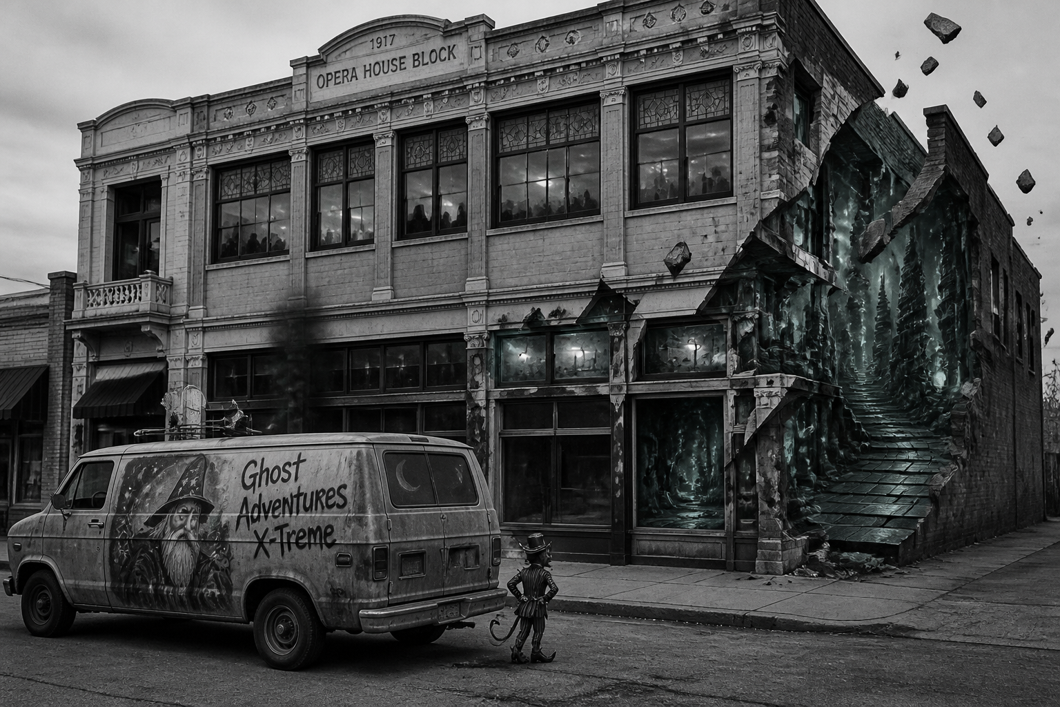 Black-and-white recreation of the historic location