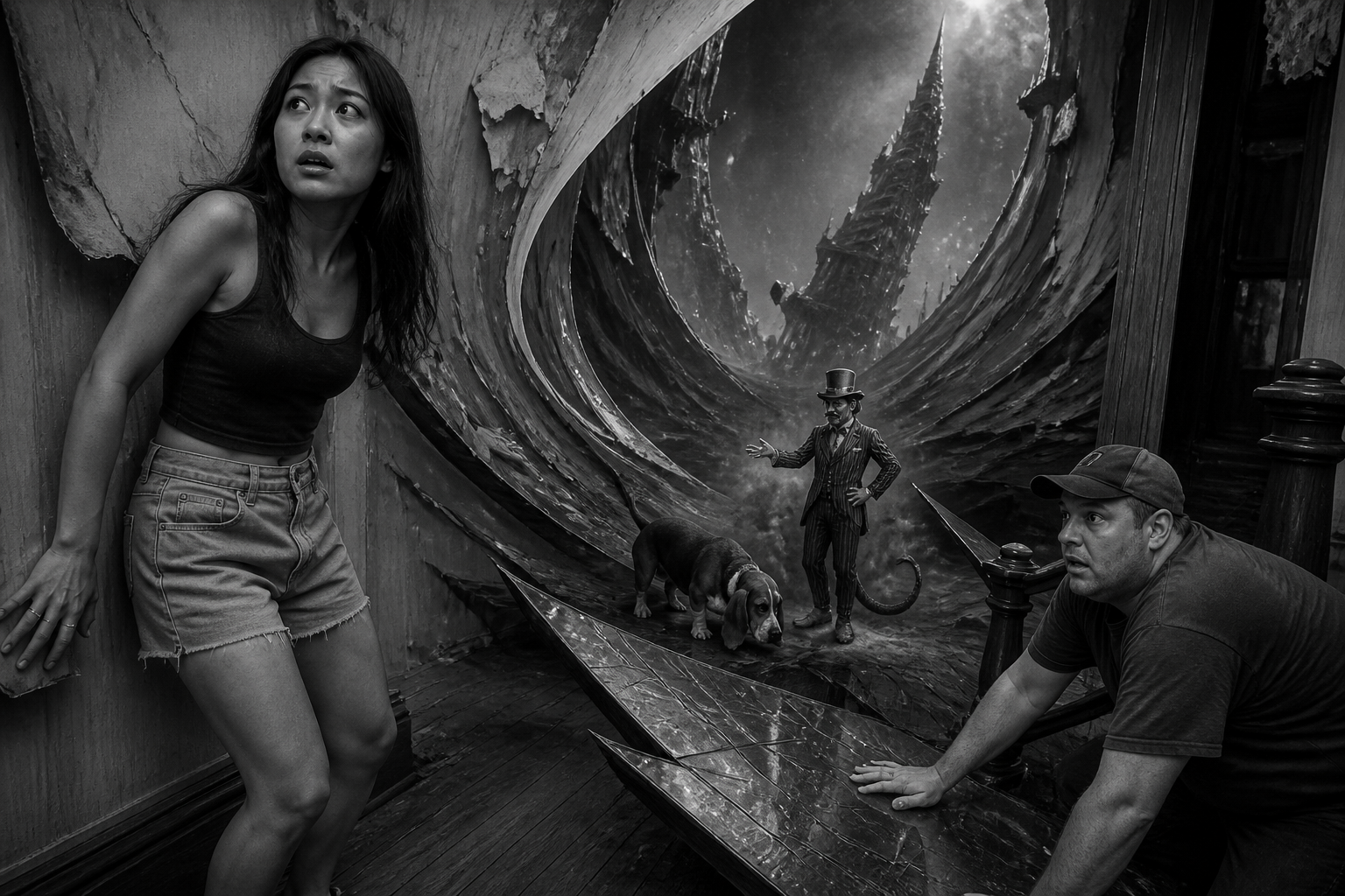 Black-and-white recreation of an investigation scene