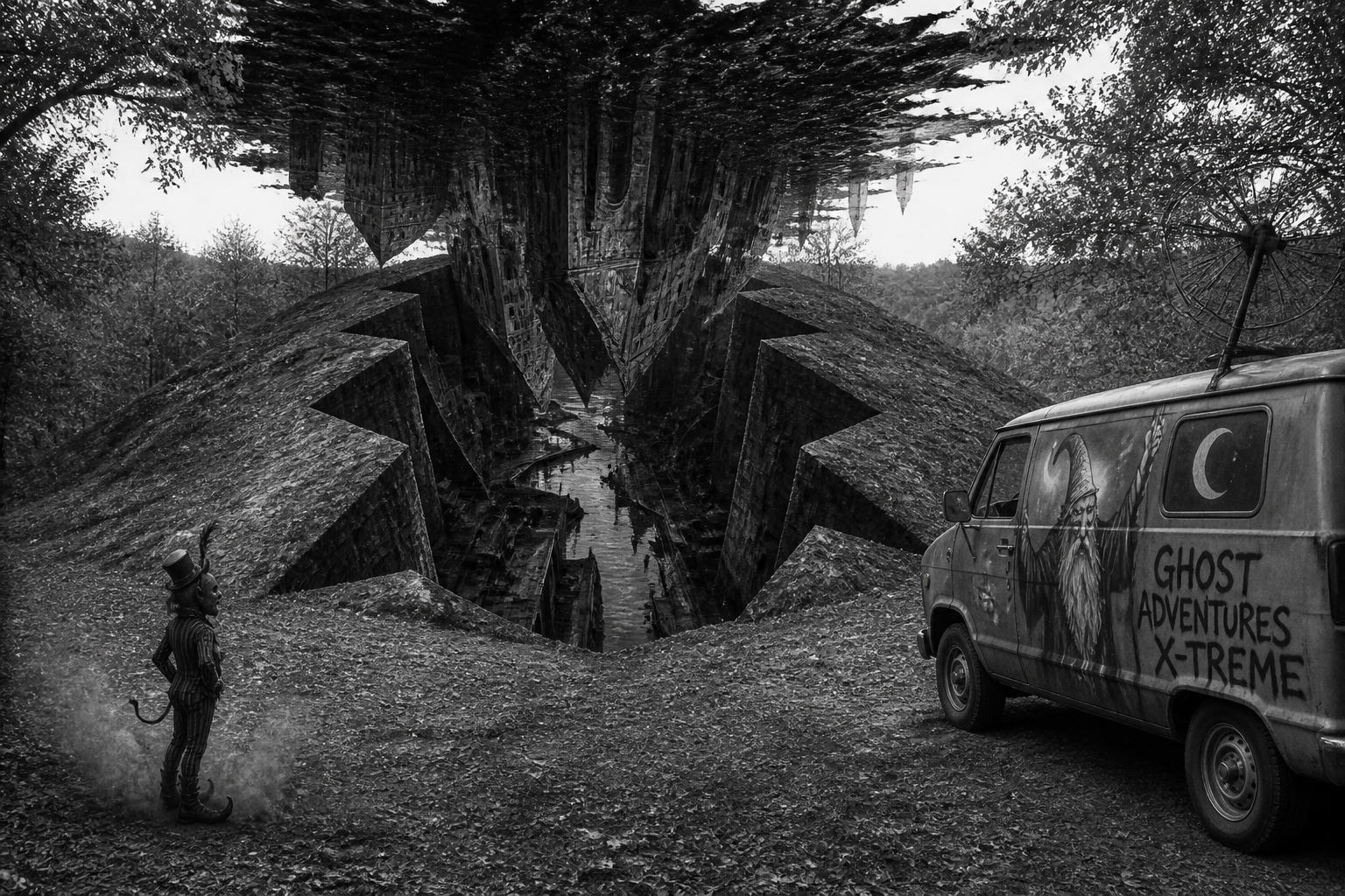 Black-and-white recreation of the historic location
