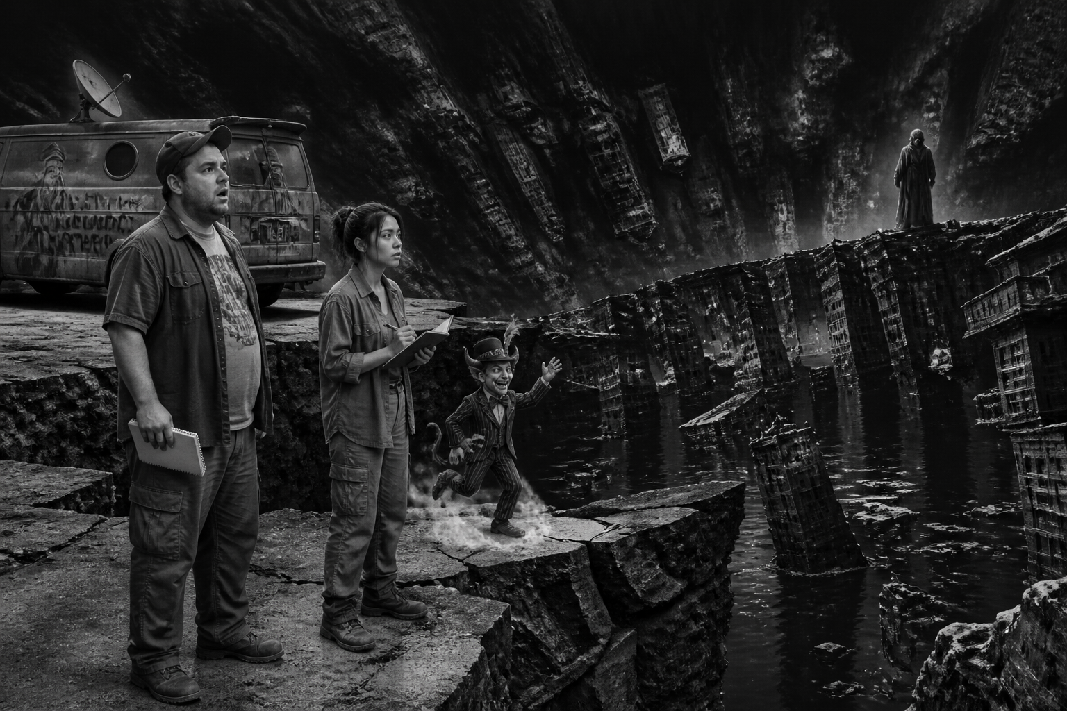 Black-and-white recreation of an investigation scene